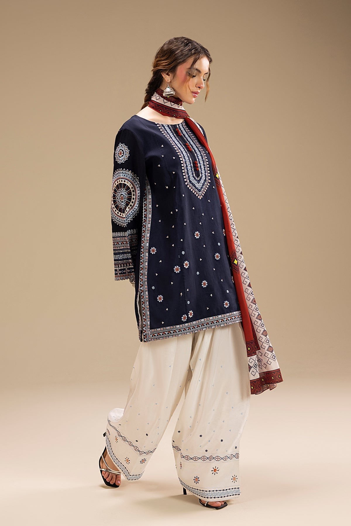 JAZMIN-3PC DHANAK EMBROIDERED SHIRT WITH CORTRAI WOOL PRINTED SHAWL AND EMB TROUSER-BIC-4080