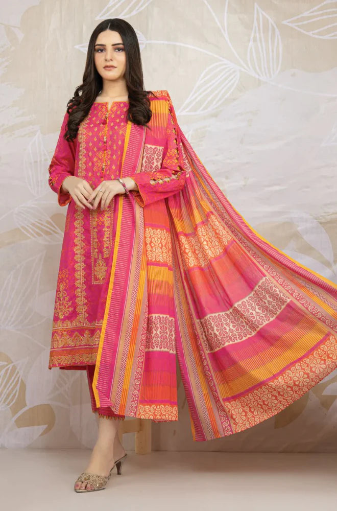 EDENROBE-3PC KHADDAR PRINTED EMB SHIRT WITH KHADDAR PRINT DUPATTA AND PRINT TROUSER-BIC-2618
