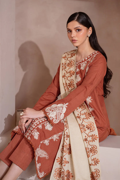 IZNIK-3PC DHANAK EMBROIDERED SHIRT WITH DHANAK EMBROIDERED SHAWL & TROUSER-BIC-3388