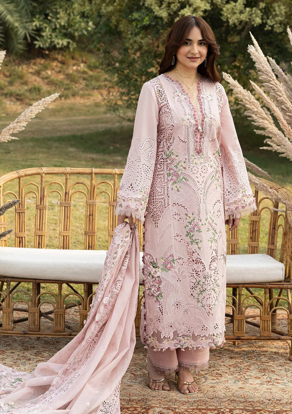 ELAF-3PC DHANAK EMBROIDERED SHIRT WITH DHANAK EMBROIDERED SHAWL AND TROUSER-BIC-5255