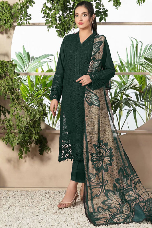 ZAINAB CHOTTANI-3PC CHIKANKAARI LAWN EMBROIDERED SHIRT WITH MONARK PRINT DUPATTA AND TROUSER-BIC-4052 MUNGIYA