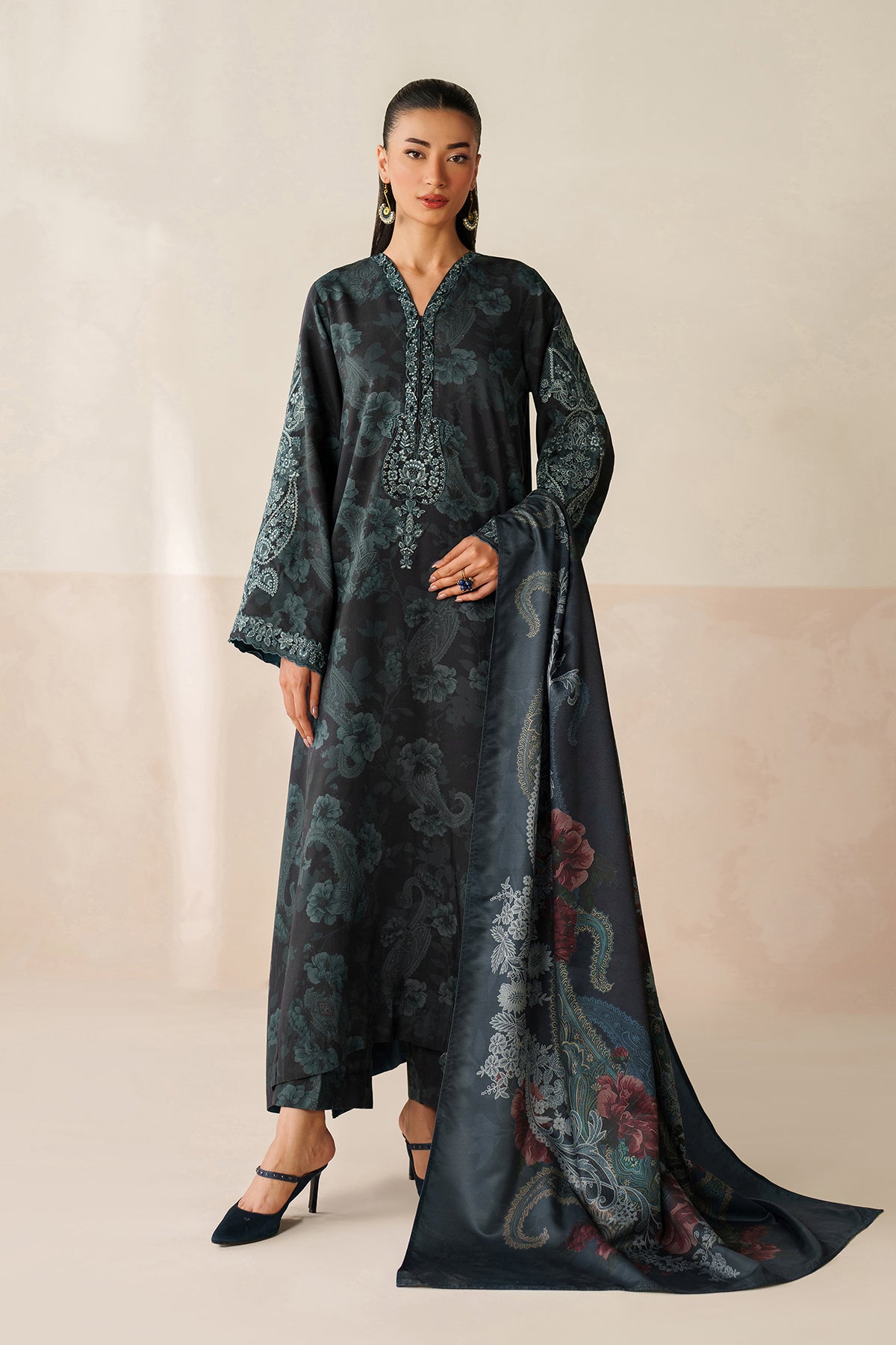 BAROQUE-3PC VISCOSE PRINTED EMB SHIRT WITH VISCOSE PRINTED DUPATTA AND TROUSER-BIC-