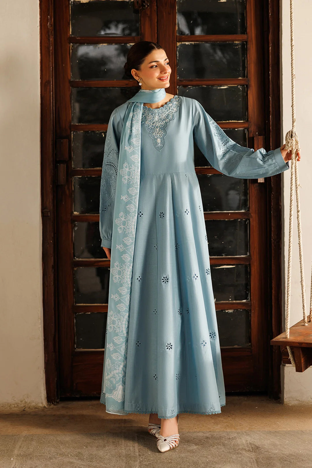 IZNIK-3PC LAWN CHIKANKAARI EMB FROCK WITH CHIFFON PRINTED DUPATTA & DYED TROUSER-BIC-4887