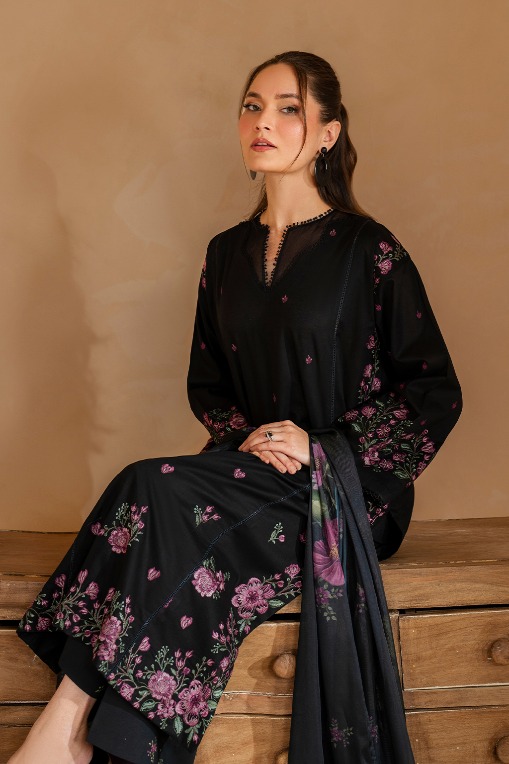 IZNIK-3PC DHANAK EMBROIDERED SHIRT WITH COUTRAI PRINTED SHAWL AND EMB TROUSER-BIC-5147