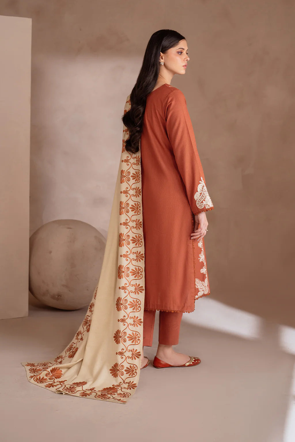 IZNIK-3PC DHANAK EMBROIDERED SHIRT WITH DHANAK EMBROIDERED SHAWL & TROUSER-BIC-3388