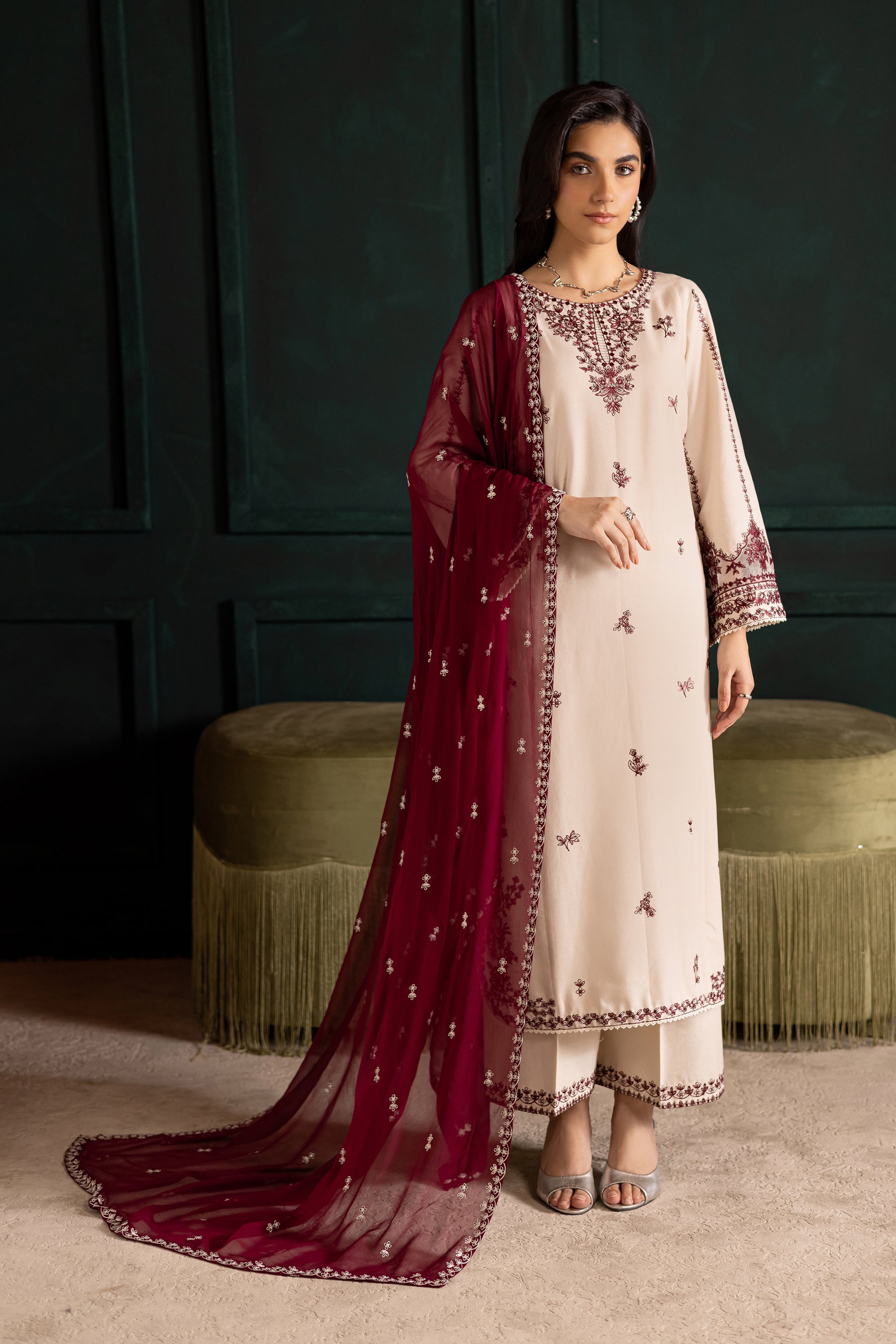 BATIK-3PC DHANAK EMBROIDERED SHIRT WITH DHANAK CHIFFON EMBROIDERED DUPATTA AND EMB TROUSER-BIC-4348