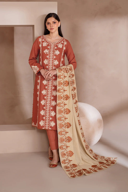 IZNIK-3PC DHANAK EMBROIDERED SHIRT WITH DHANAK EMBROIDERED SHAWL & TROUSER-BIC-3388