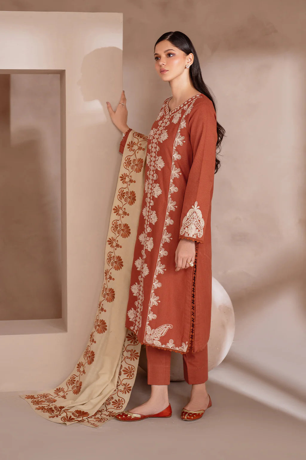 IZNIK-3PC DHANAK EMBROIDERED SHIRT WITH DHANAK EMBROIDERED SHAWL & TROUSER-BIC-3388