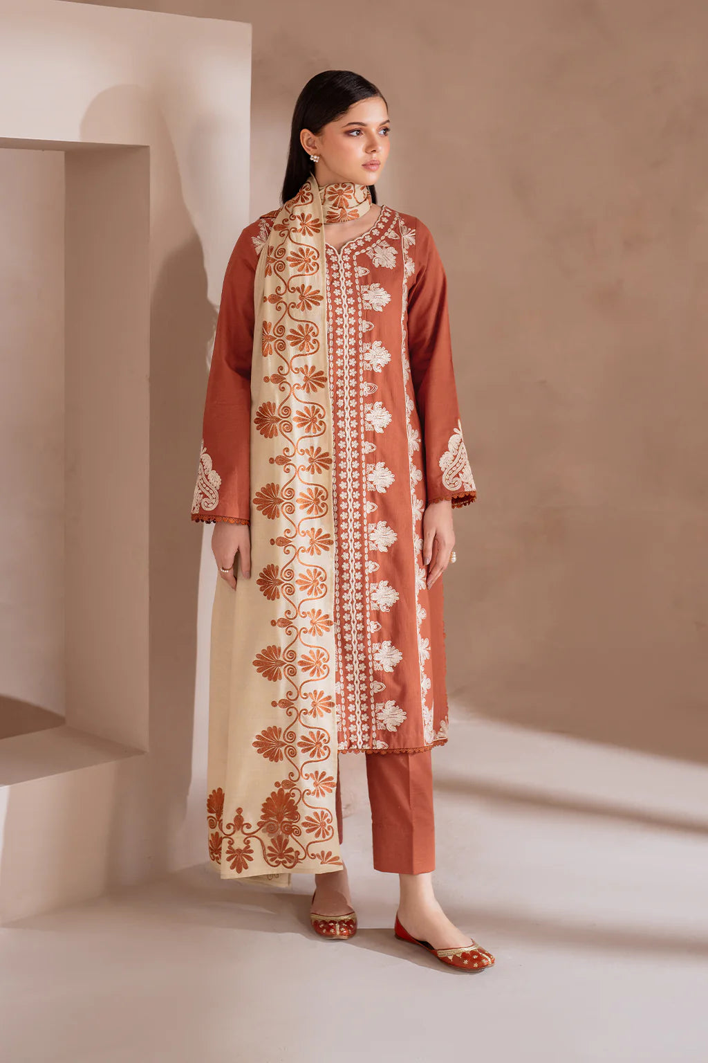 IZNIK-3PC DHANAK EMBROIDERED SHIRT WITH DHANAK EMBROIDERED SHAWL & TROUSER-BIC-3388