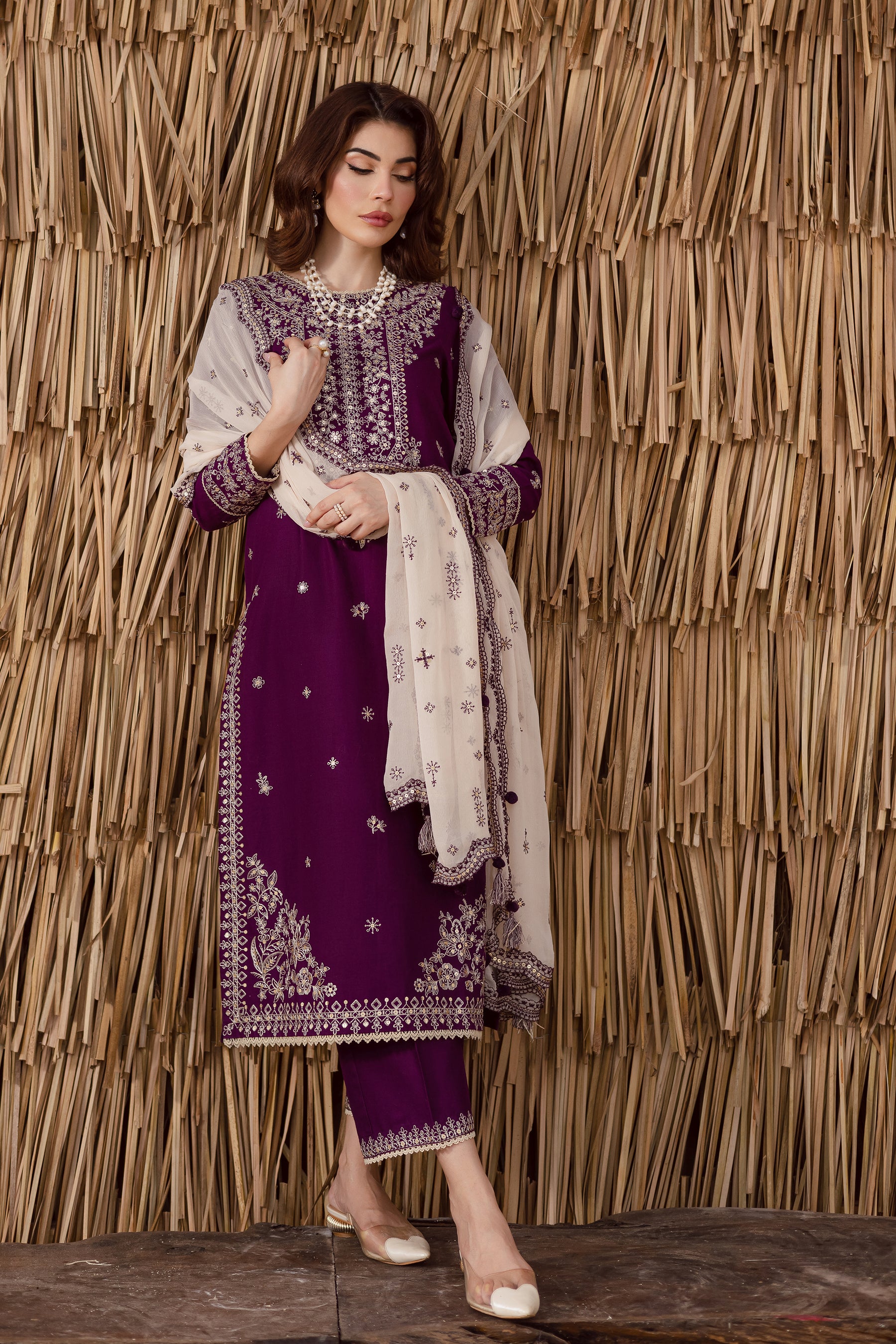 BATIK-3PC DHANAK EMBROIDERED SHIRT WITH DHANAK EMBROIDERED SHAWL AND TROUSER-BIC-4338