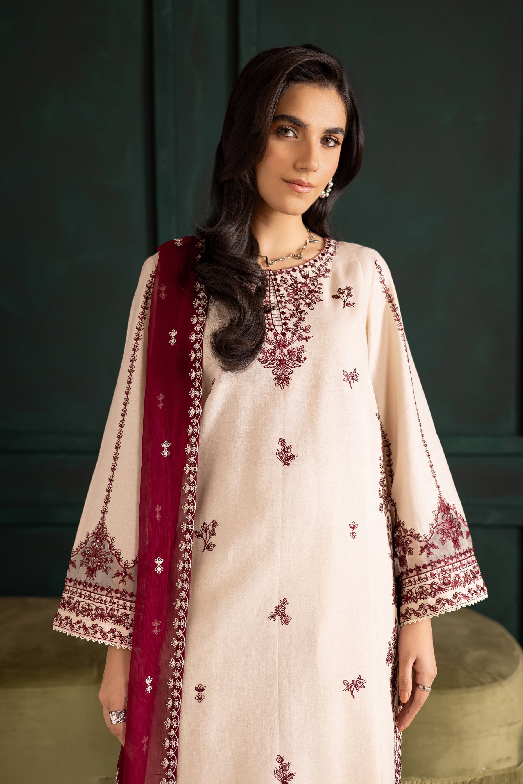 BATIK-3PC DHANAK EMBROIDERED SHIRT WITH DHANAK CHIFFON EMBROIDERED DUPATTA AND EMB TROUSER-BIC-4348