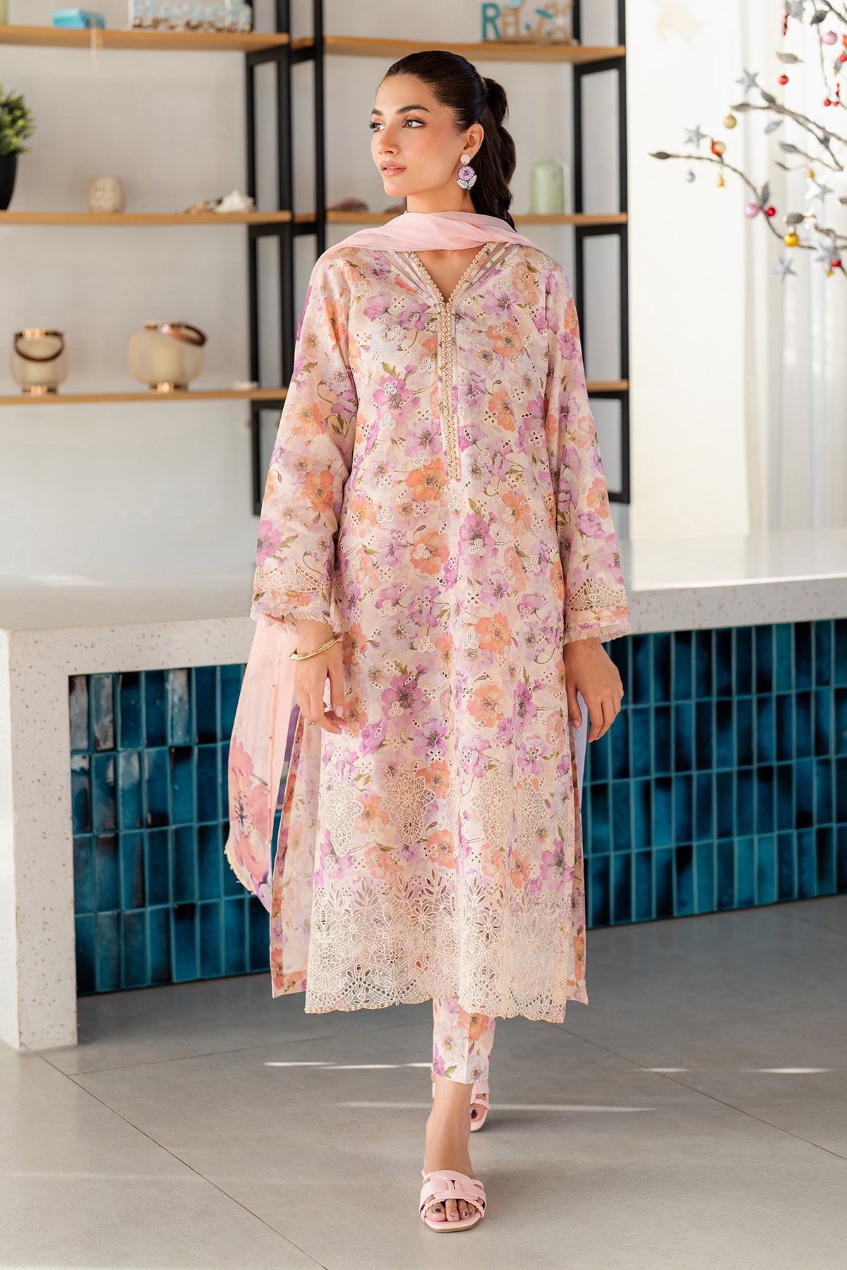 BAROUQE-3PC LAWN SCHIFFLI EMBROIDERED PRINTED SHIRT WITH SILK PRINT DUPATTA AND PRINT TROUSER-