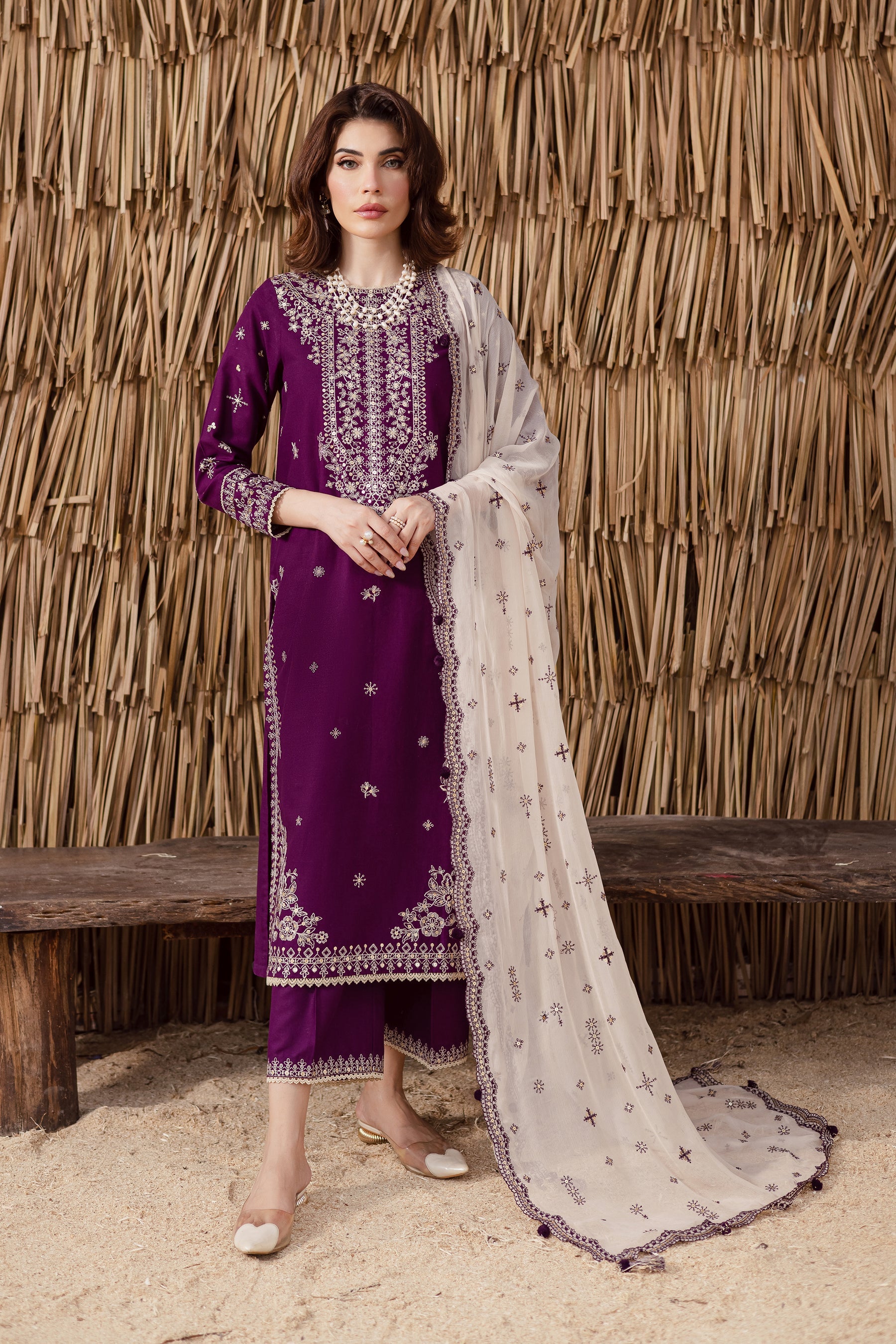 BATIK-3PC DHANAK EMBROIDERED SHIRT WITH DHANAK EMBROIDERED SHAWL AND TROUSER-BIC-4338