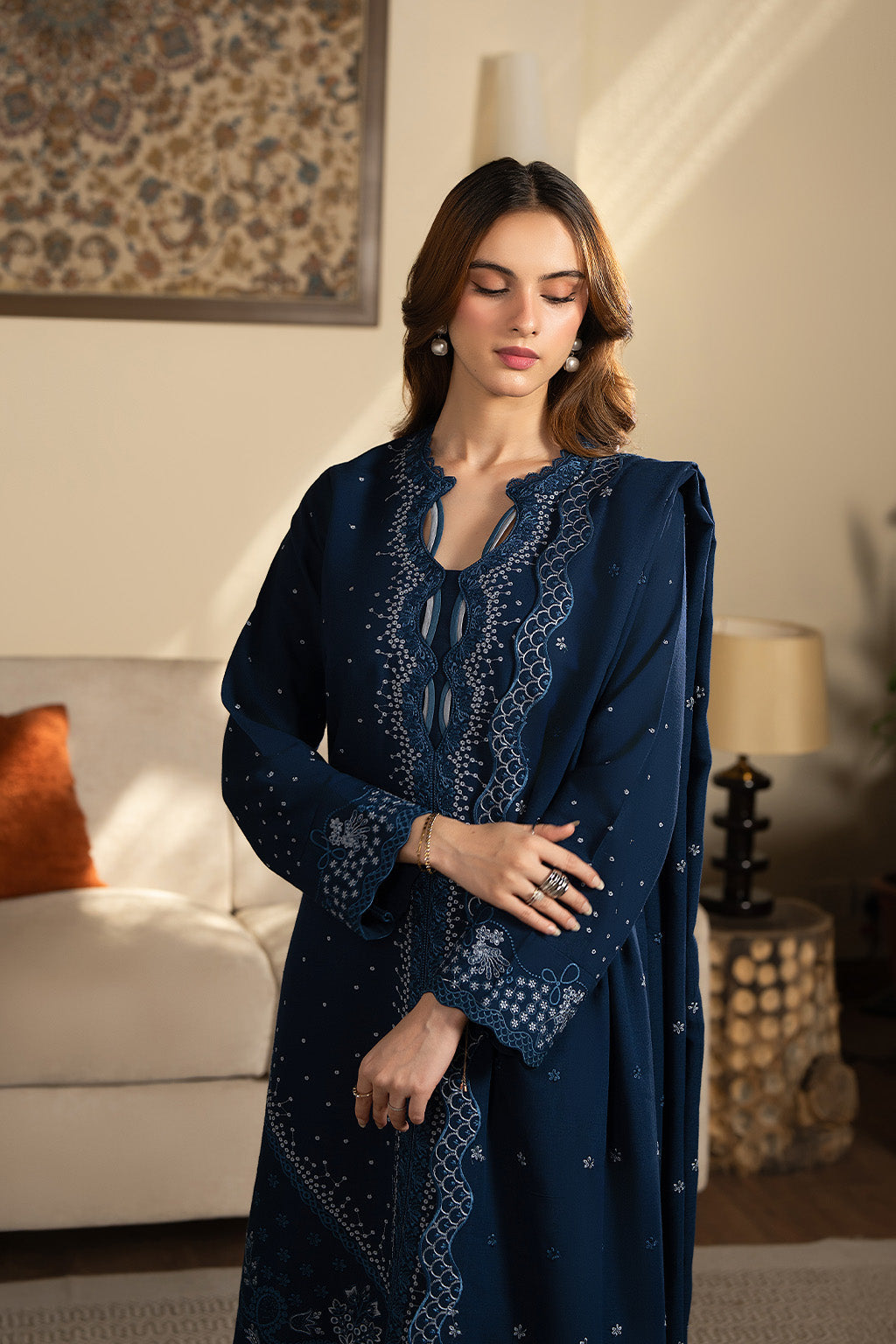SAPPHIRE-3PC DHANAK EMBROIDERED SHIRT WITH DHANAK EMBROIDERED SHAWL AND TROUSER-BIC-4392