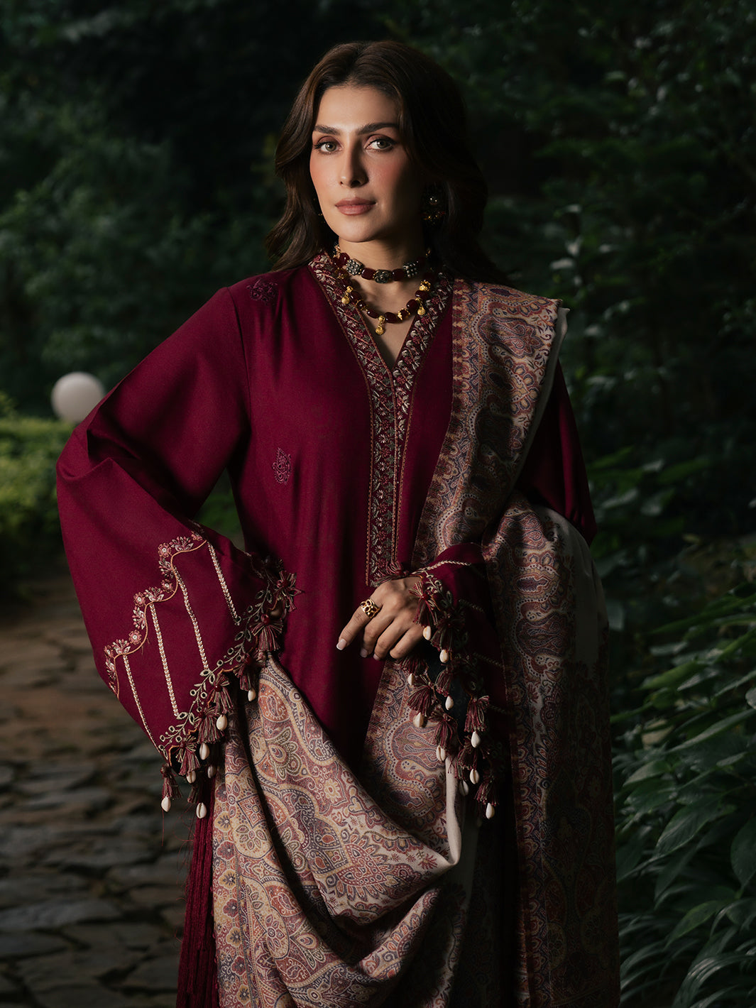 IZEL-3PC DHANAK EMBROIDERED SHIRT WITH COUTRAI PRINTED SHAWL AND TROUSER-BIC-5323