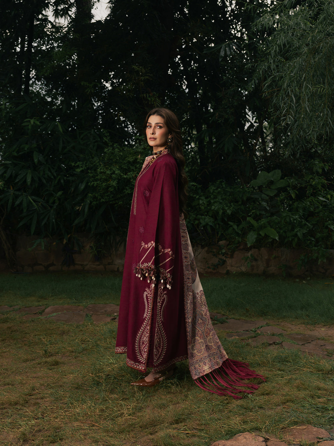 IZEL-3PC DHANAK EMBROIDERED SHIRT WITH COUTRAI PRINTED SHAWL AND TROUSER-BIC-5323