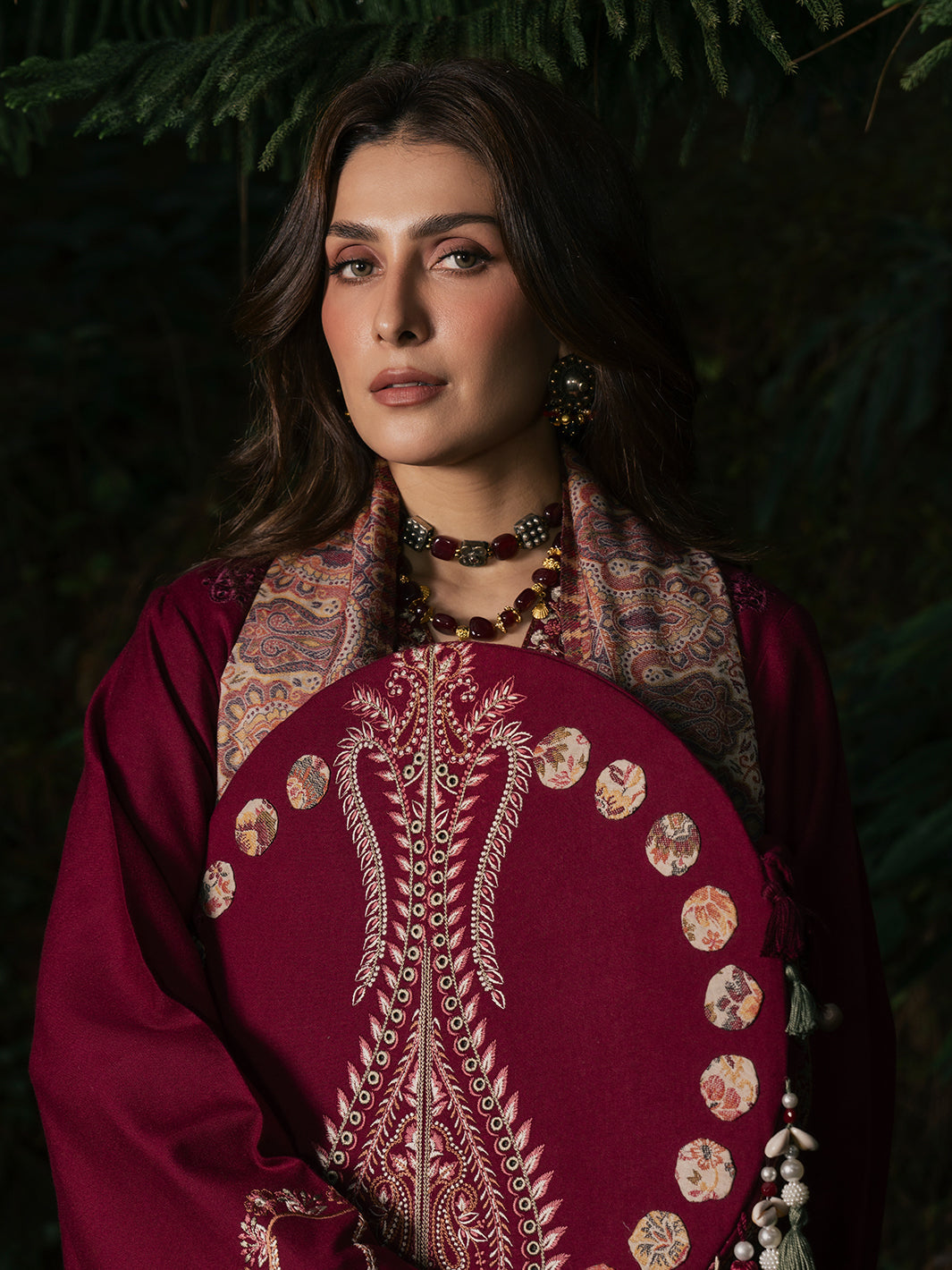 IZEL-3PC DHANAK EMBROIDERED SHIRT WITH COUTRAI PRINTED SHAWL AND TROUSER-BIC-5323