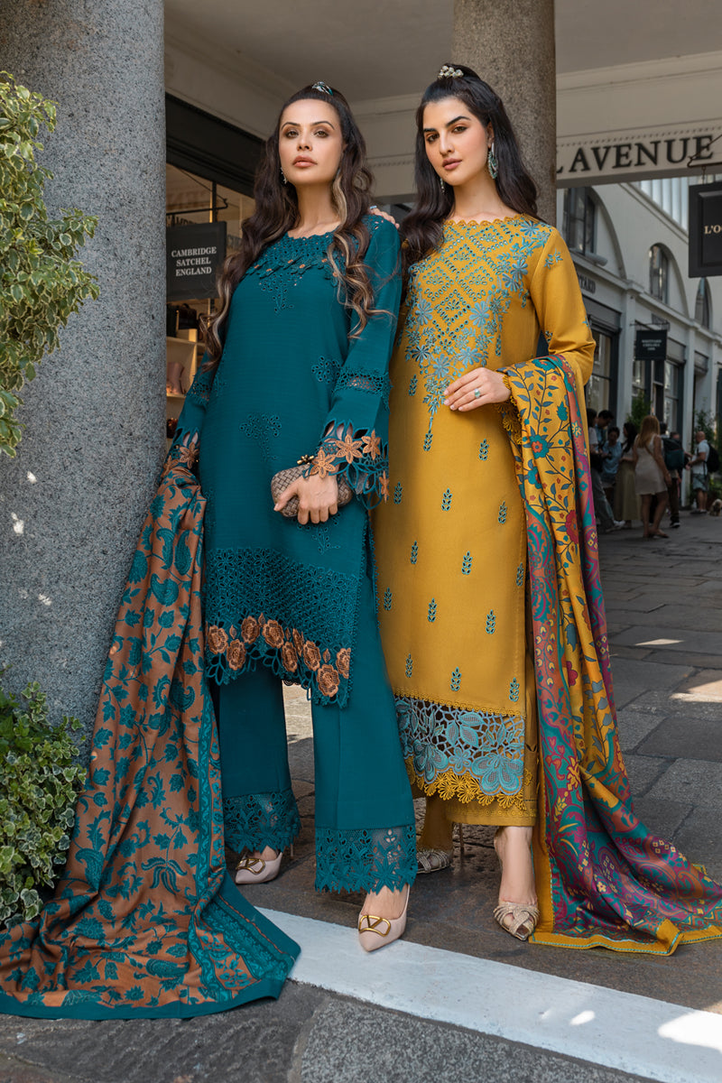 RANG RASIYA-3PC DHANAK EMBROIDERED SHIRT WITH COURTRAI PRINTED SHAWL AND TROUSER-BIC-4159
