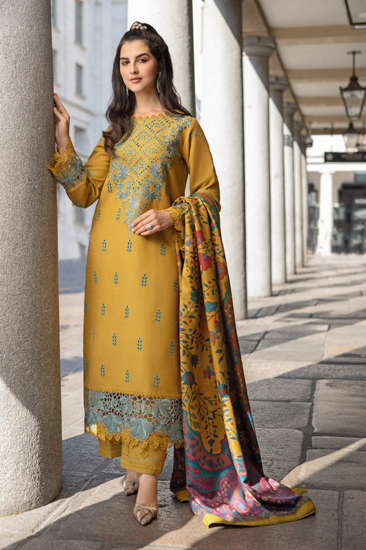RANG RASIYA-3PC DHANAK EMBROIDERED SHIRT WITH COURTRAI PRINTED SHAWL AND TROUSER-BIC-4159