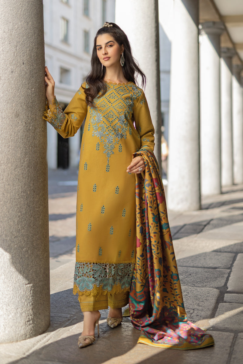 RANG RASIYA-3PC DHANAK EMBROIDERED SHIRT WITH COURTRAI PRINTED SHAWL AND TROUSER-BIC-4159