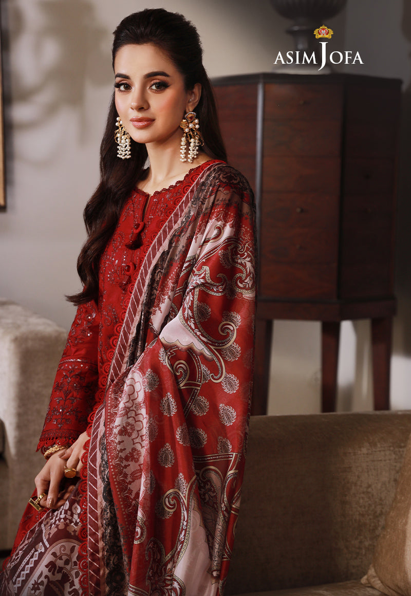 ASIM JOFA-3PC DHANAK SEQUIN EMBROIDRED SHIRT WITH COURTRAI PRINTED SHAWL AND TROUSER-BIC-4228