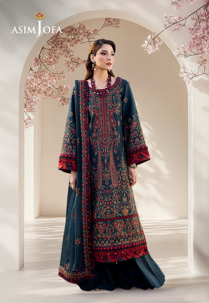ASIM JOFA-3PC DHANAK EMBROIDERED SHIRT WITH DHANAK EMBROIDERED SHAWL AND TROUSER-BIC-5123