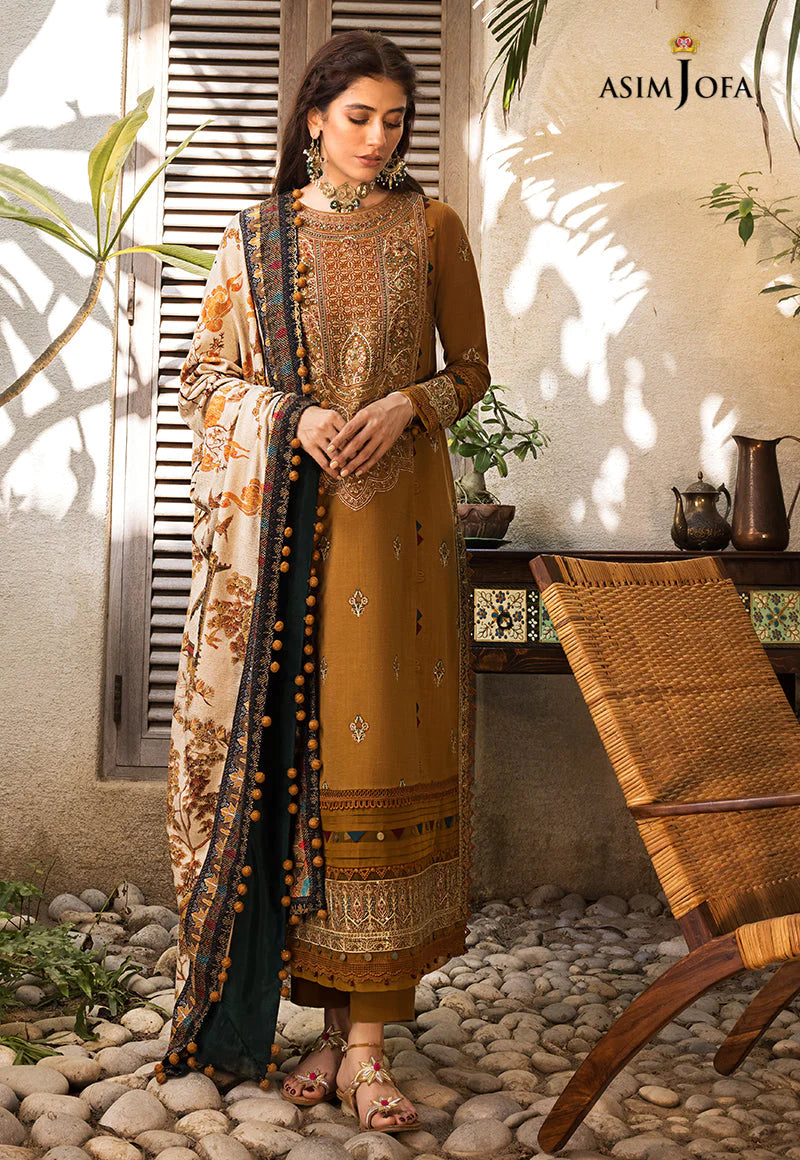ASIM JOFA-3PC DHANAK EMBROIDERED SHIRT WITH COURTRAI PRINTED SHAWL & TROUSR-BIC-3135