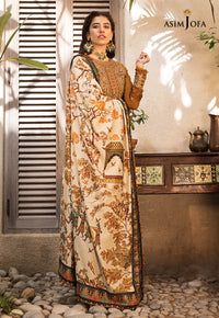 ASIM JOFA-3PC DHANAK EMBROIDERED SHIRT WITH COURTRAI PRINTED SHAWL & TROUSR-BIC-3135