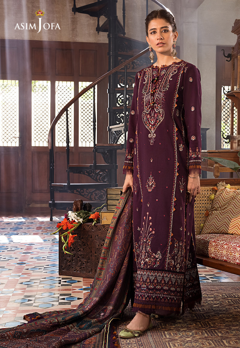 ASIM.JOFA-3PC DHANAK EMBROIDERED SHIRT WITH COURTRAI PRINTED SHAWL AND TROUSER-BIC-3523