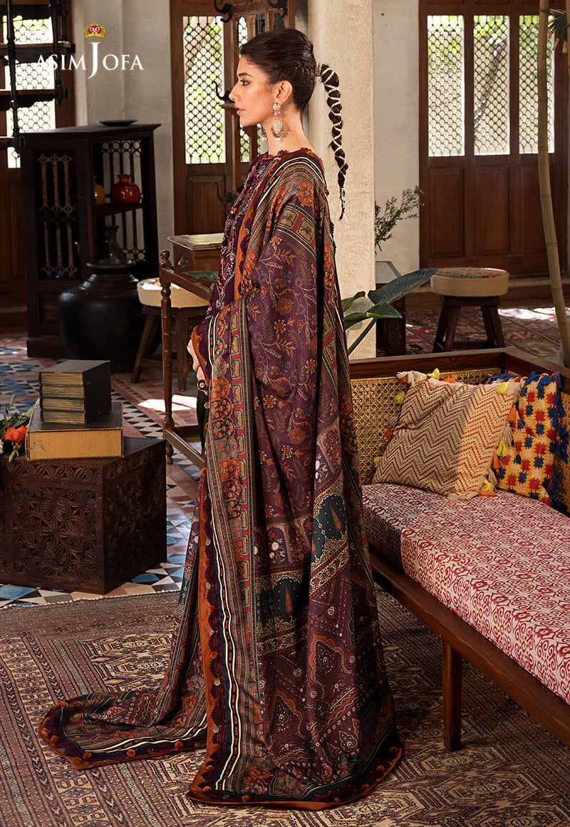 ASIM.JOFA-3PC DHANAK EMBROIDERED SHIRT WITH COURTRAI PRINTED SHAWL AND TROUSER-BIC-3523