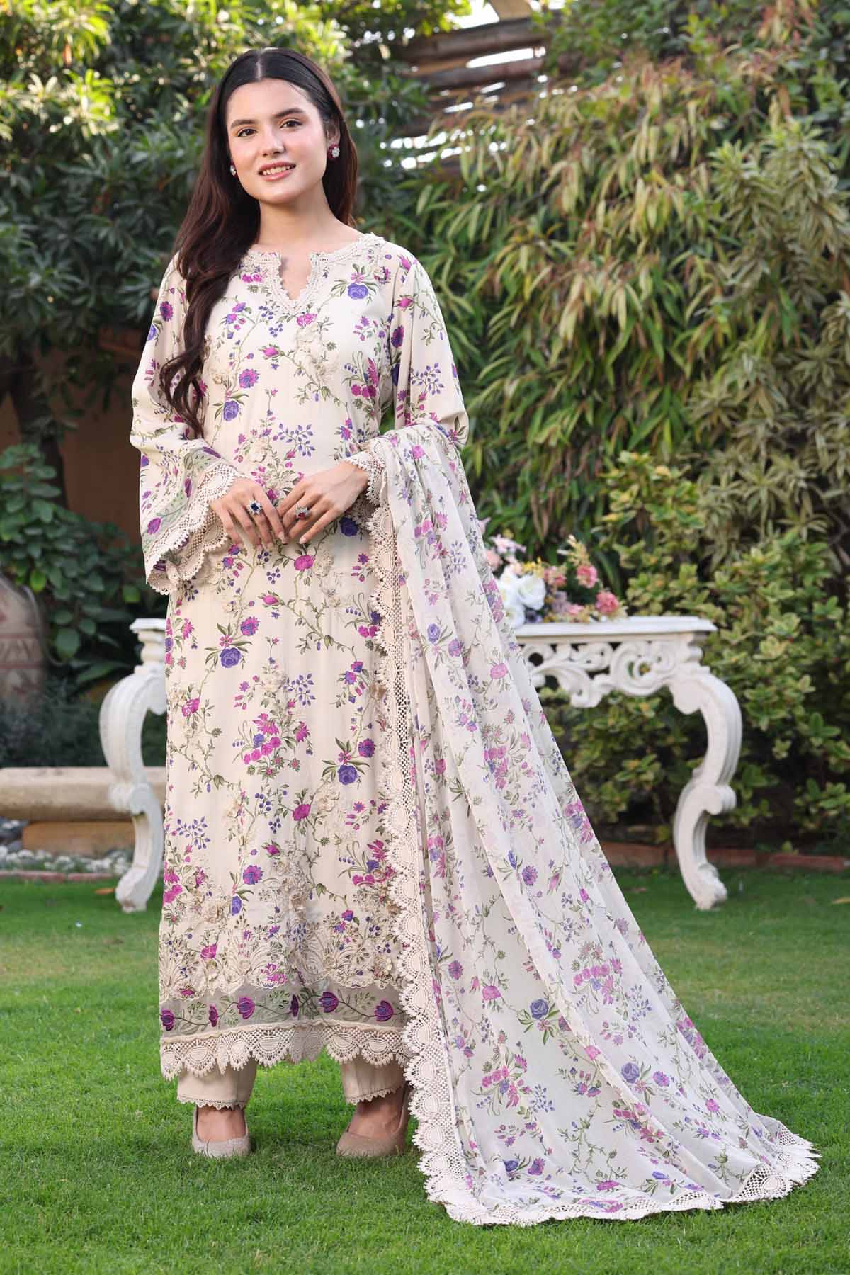 ANEELAS-3PC LAWN PRINTED CHIKAN EMB SHIRT WITH SILK PRINTED DUPATTA AND TROUSER-BIC-031