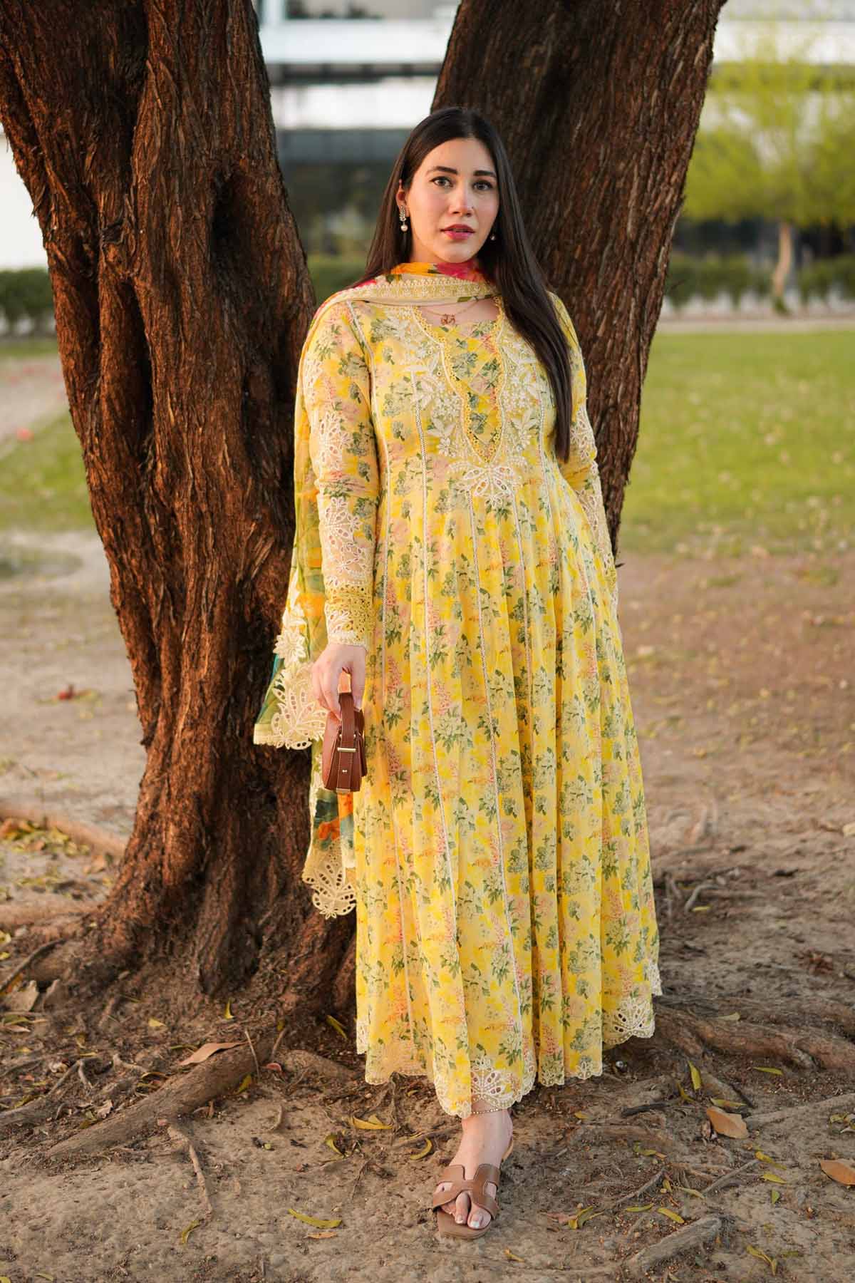ANEELAS-3PC LAWN PRINTED EMB FROCK WITH SILK PRINTED EMB DUPATTA AND DYED TROUSER-BIC-038