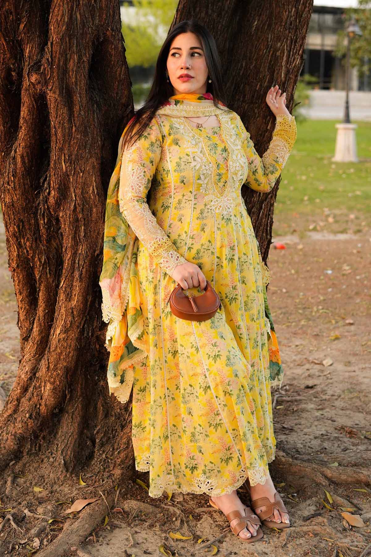 ANEELAS-3PC LAWN PRINTED EMB FROCK WITH SILK PRINTED EMB DUPATTA AND DYED TROUSER-BIC-038