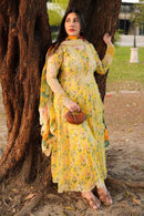ANEELAS-3PC LAWN PRINTED EMB FROCK WITH SILK PRINTED EMB DUPATTA AND DYED TROUSER-BIC-038