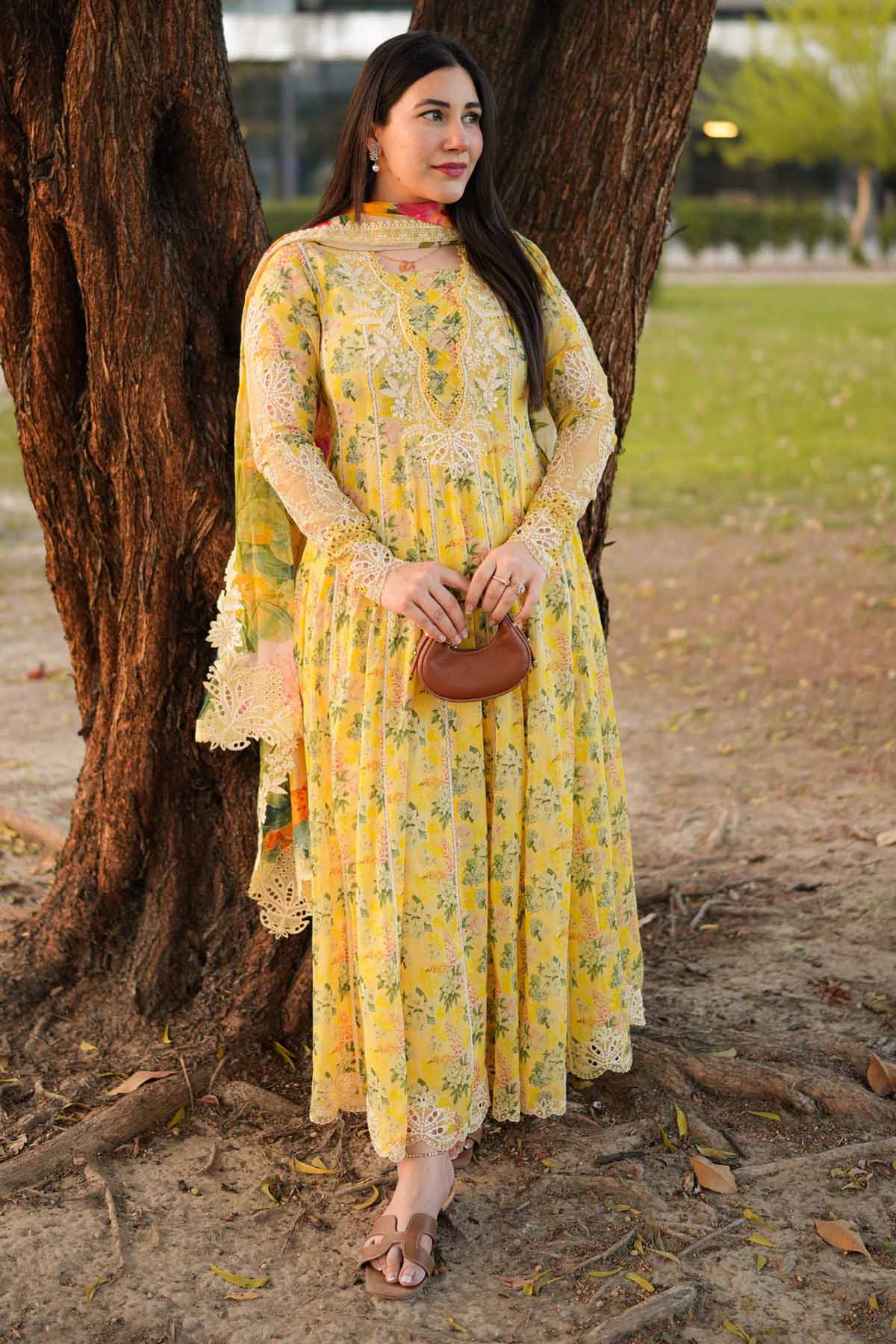 ANEELAS-3PC LAWN PRINTED EMB FROCK WITH SILK PRINTED EMB DUPATTA AND DYED TROUSER-BIC-038