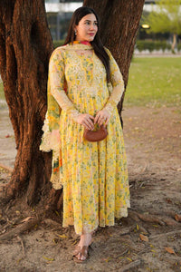 ANEELAS-3PC LAWN PRINTED EMB FROCK WITH SILK PRINTED EMB DUPATTA AND DYED TROUSER-BIC-038