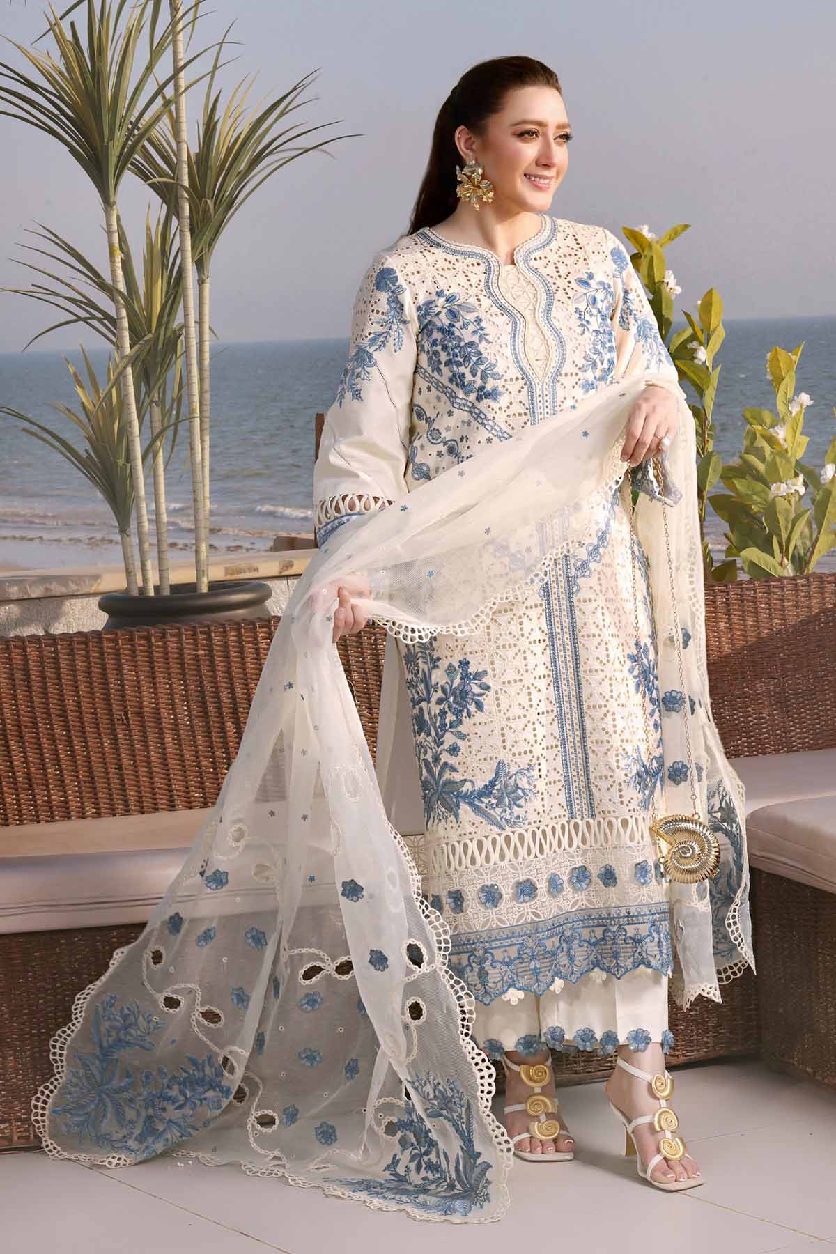ANEELAS-3PC LAWN EMBROIDERED SHIRT WITH ORGANZA EMBROIDERED DUPATTA AND TROUSER-BIC-4828