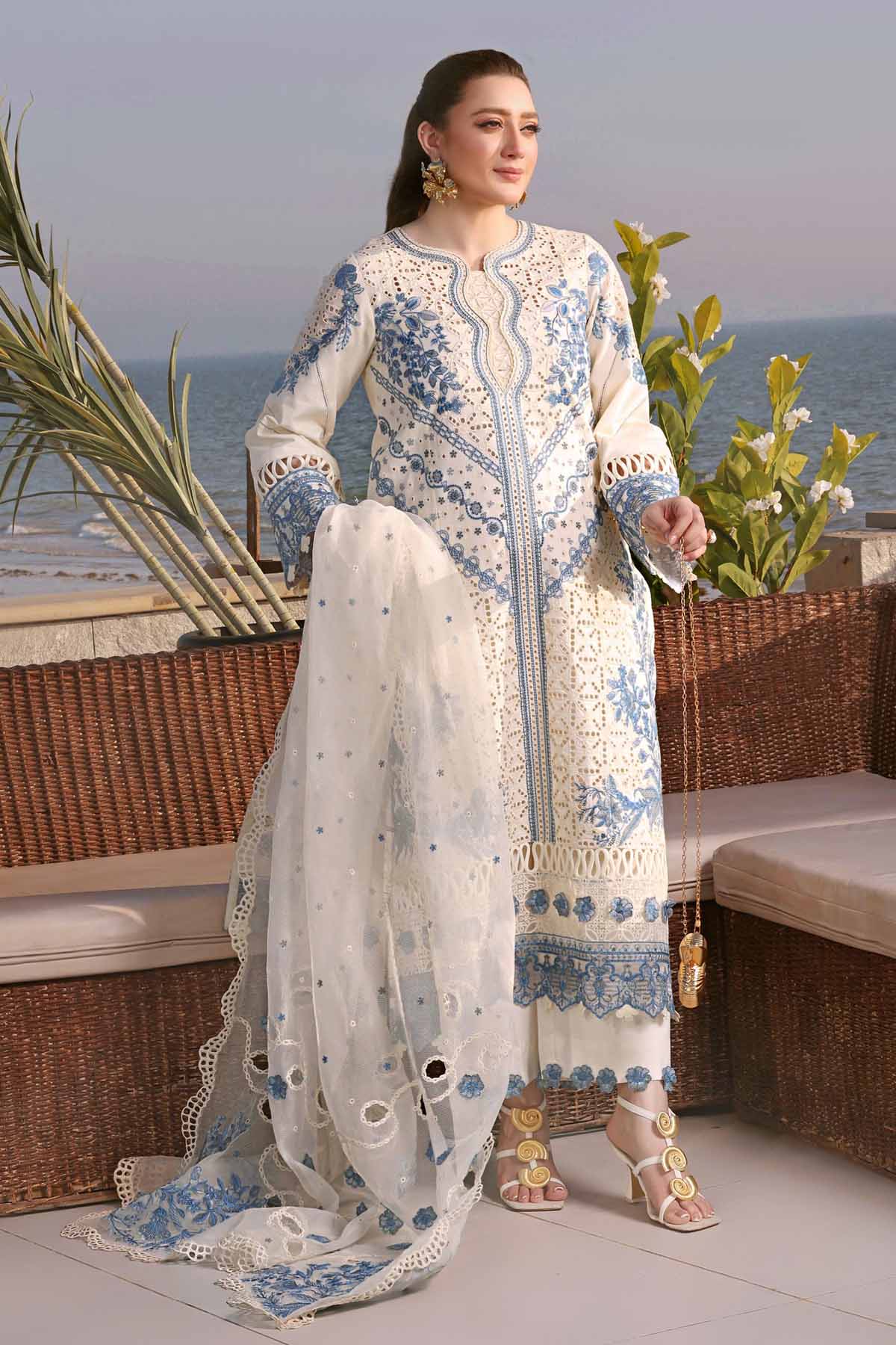 ANEELAS-3PC LAWN EMBROIDERED SHIRT WITH ORGANZA EMBROIDERED DUPATTA AND TROUSER-BIC-4828