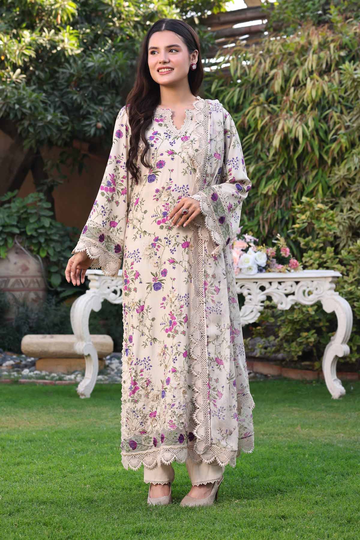 ANEELAS-3PC LAWN PRINTED CHIKAN EMB SHIRT WITH SILK PRINTED DUPATTA AND TROUSER-BIC-031