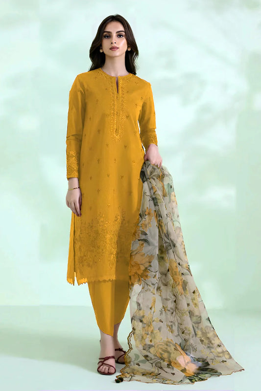 SAPPHIRE - 3PC LAWN EMBROIDERED SHIRT WITH MONARK PRINT DUPATTA-3526-MASTARD