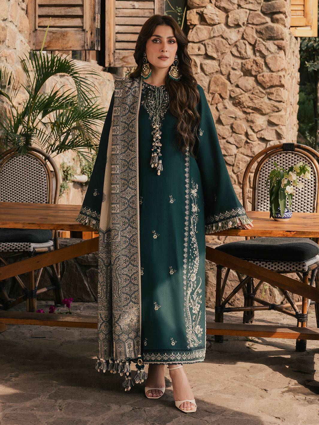 IZEL-3PC DHANAK EMBROIDERED SHIRT WITH COUTRAI PRINTED SHAWL AND TROUSER-BIC-5322