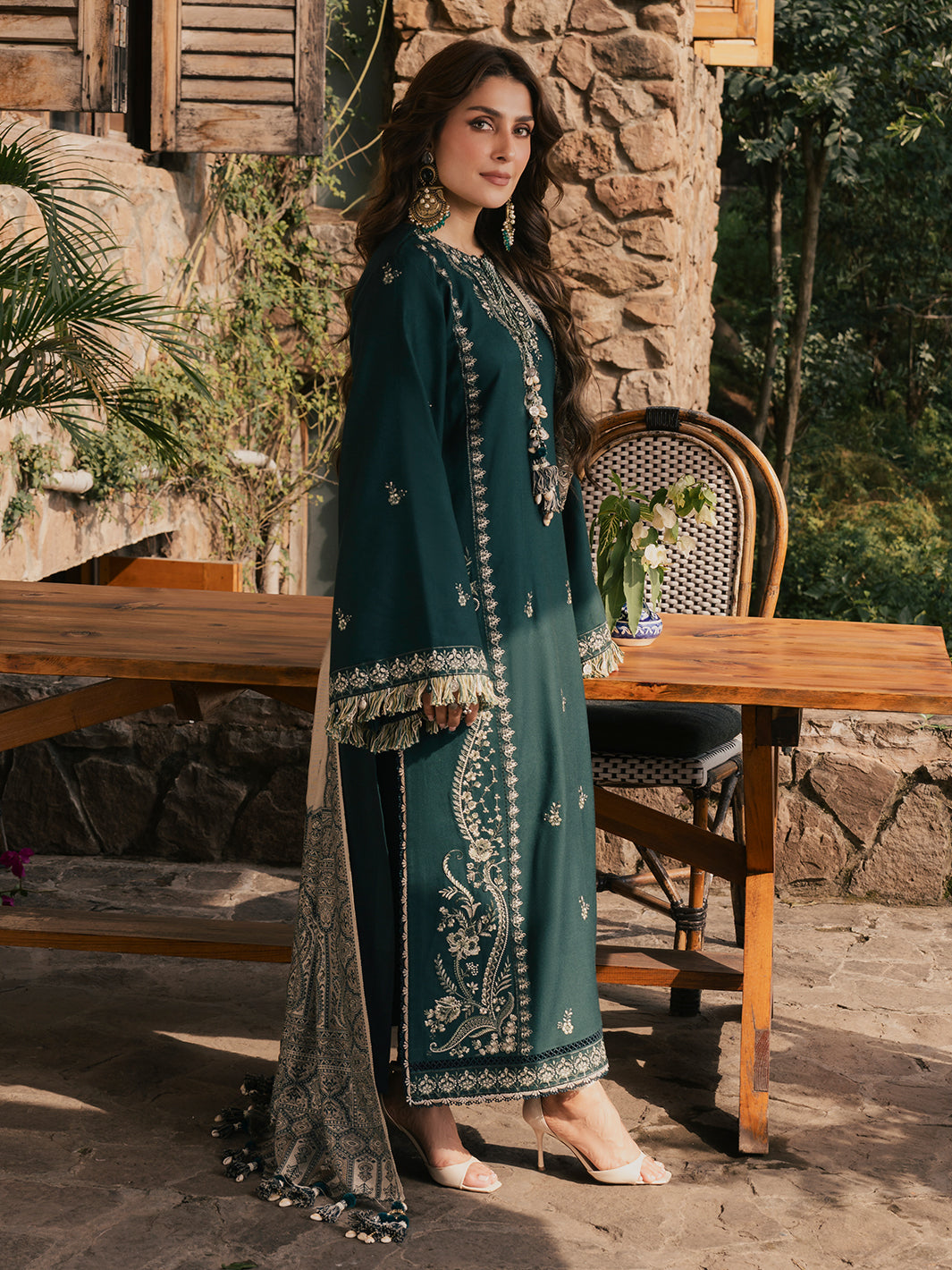 IZEL-3PC DHANAK EMBROIDERED SHIRT WITH COUTRAI PRINTED SHAWL AND TROUSER-BIC-5322
