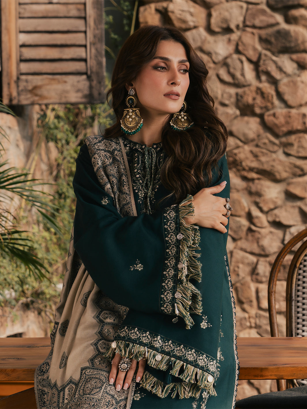IZEL-3PC DHANAK EMBROIDERED SHIRT WITH COUTRAI PRINTED SHAWL AND TROUSER-BIC-5322