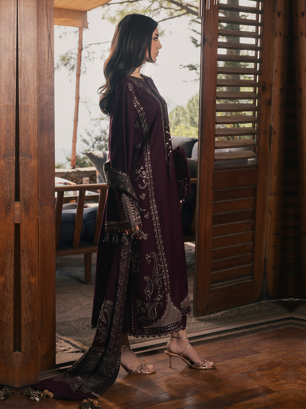IZEL-3PC DHANAK EMBROIDERED SHIRT WITH COUTRAI PRINTED SHAWL AND TROUSER-BIC-5324