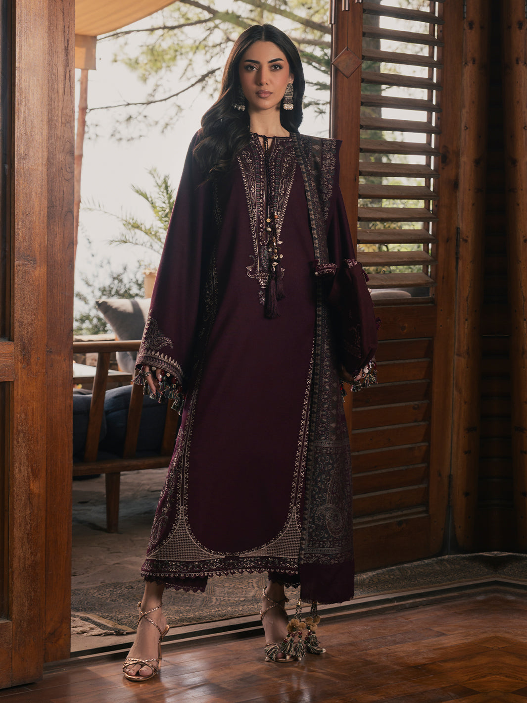 IZEL-3PC DHANAK EMBROIDERED SHIRT WITH COUTRAI PRINTED SHAWL AND TROUSER-BIC-5324