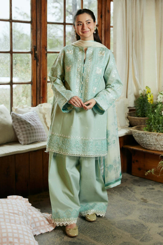 ZAHRA SHAHJAHAN-3PC LAWN EMBROIDERED SHIRT WITH MONARK PRINT DUPATTA AND EMB TROUSER-BIC-3531