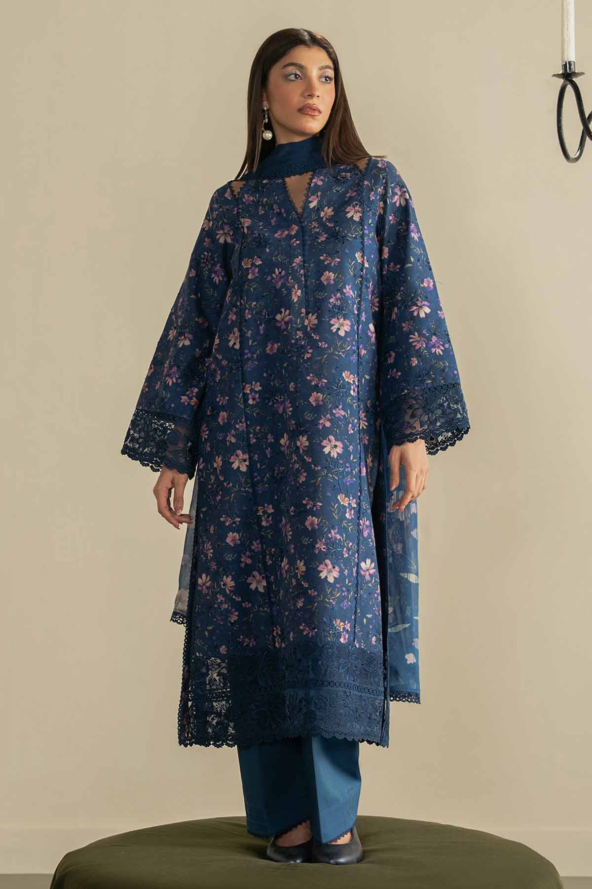 AYZEL-3PC LAWN PRINTED EMB SHIRT WITH SILK PRINTED DUPATTA AND DYED TROUSER-BIC-053