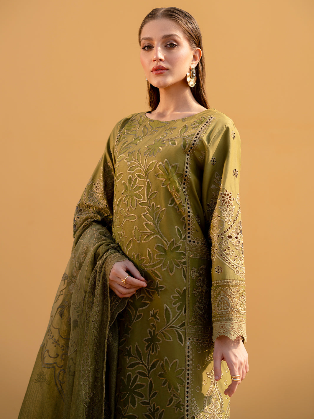 MAHNUR-3PC LAWN LASER WORK EMBROIDERED SHIRT WITH KHAADI NET EMBROIDERED DUPATTA AND TROUSER -BIC-4742