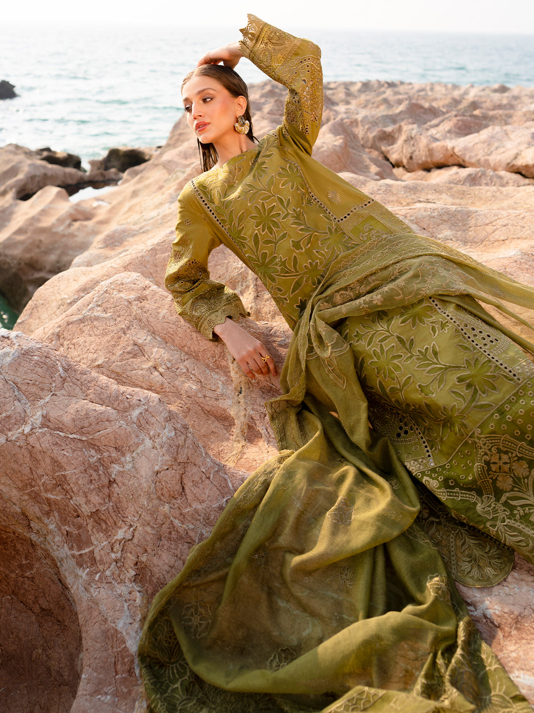 MAHNUR-3PC LAWN LASER WORK EMBROIDERED SHIRT WITH KHAADI NET EMBROIDERED DUPATTA AND TROUSER -BIC-4742