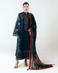 HUSSAIN REHAR-3PC DHANAK EMBROIDERED SHIRT WITH COUTRAI PRINTED SHAWL AND EMB TROUSER-BIC-5172